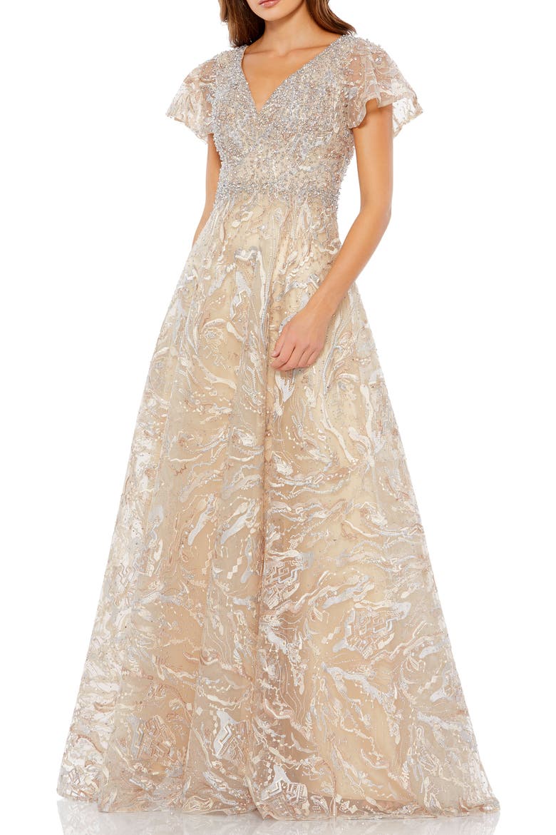 Embellished Illusion Butterfly Sleeve A-Line Gown, Main, color, Champagne Gold