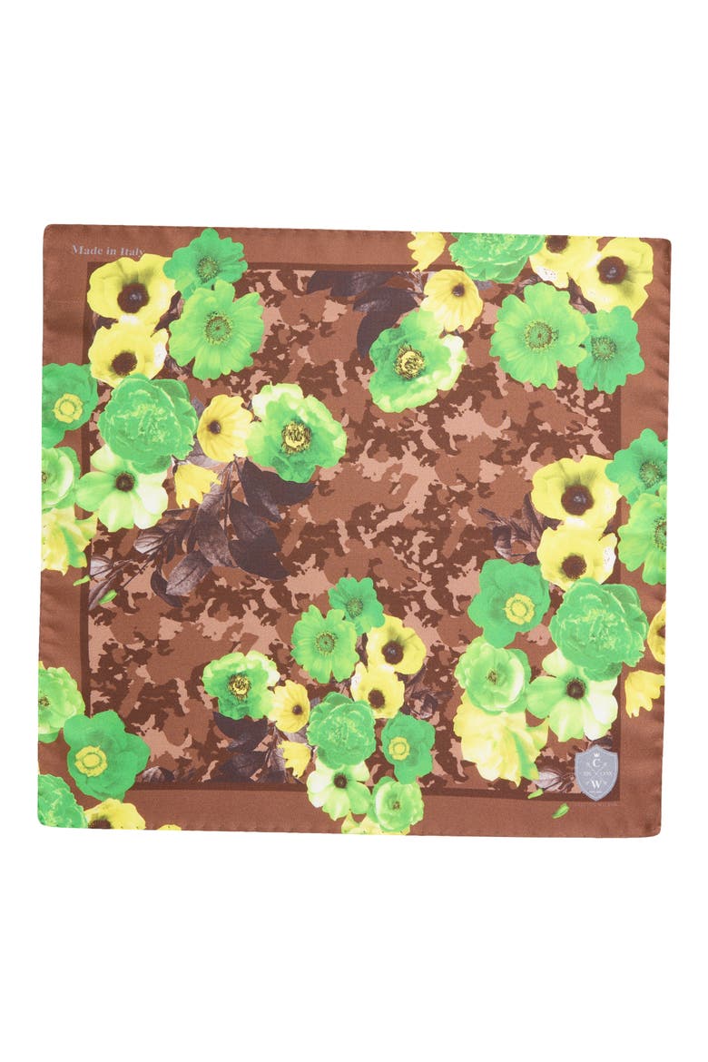 Green & Brown Floral Silk Pocket Square, Alternate, color, GREEN