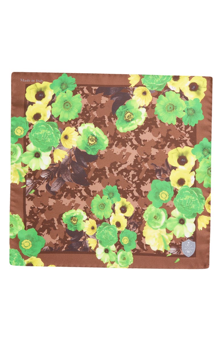 CLIFTON WILSON Green & Brown Floral Silk Pocket Square, Alternate, color,