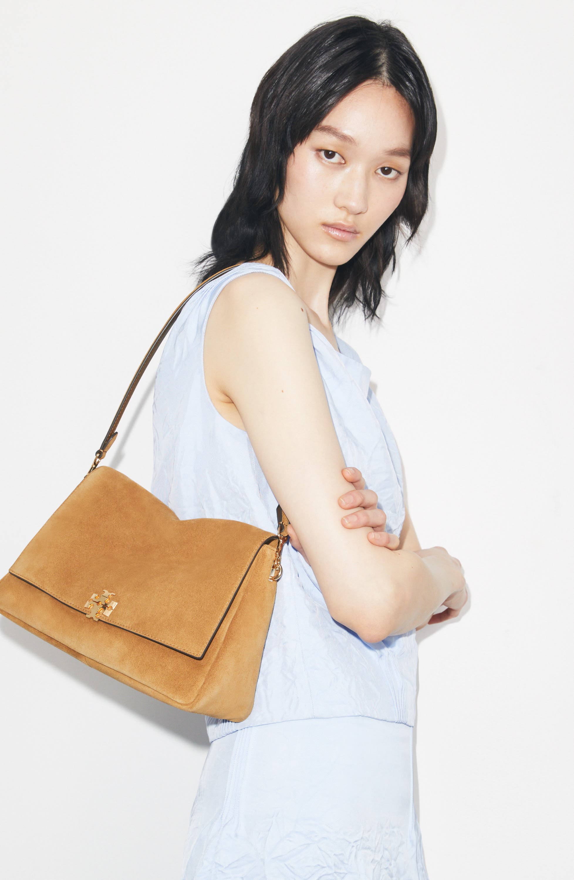 Tory Burch Charlie Suede Shoulder Bag, Alternate, color, Toffee