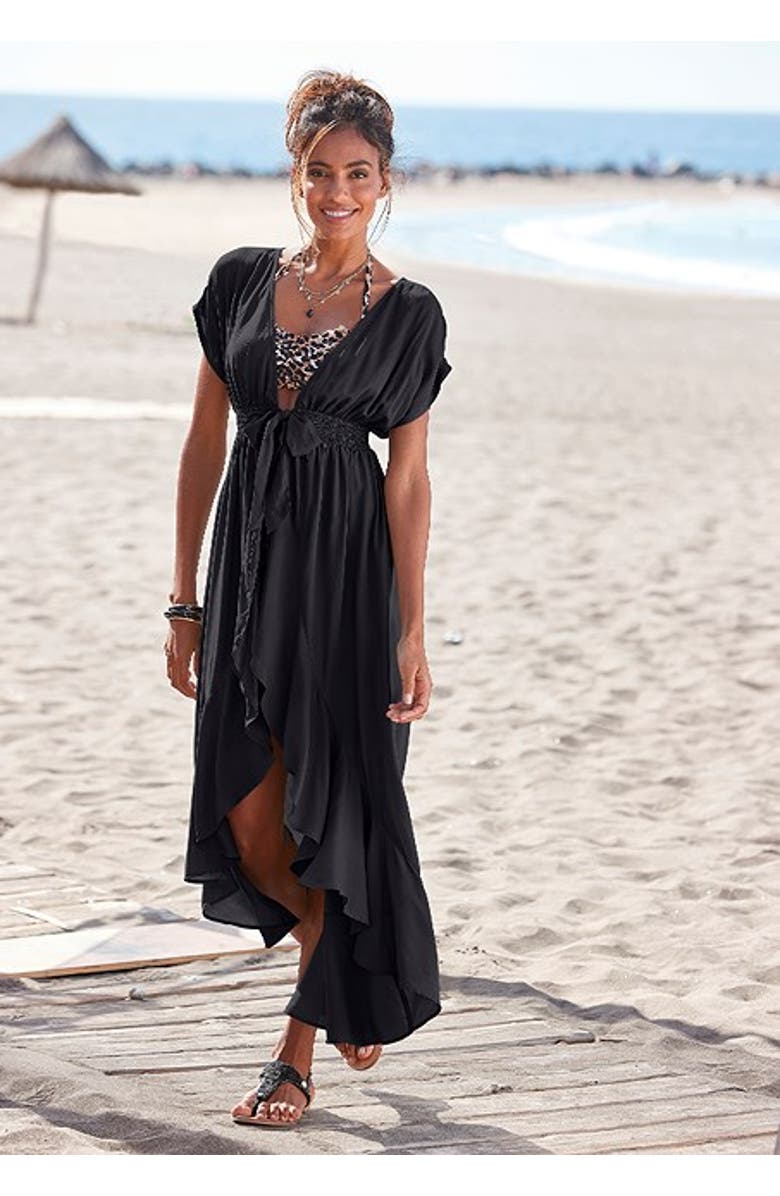 LASCANA Flounce Hem Cover Up, Alternate, color, Black