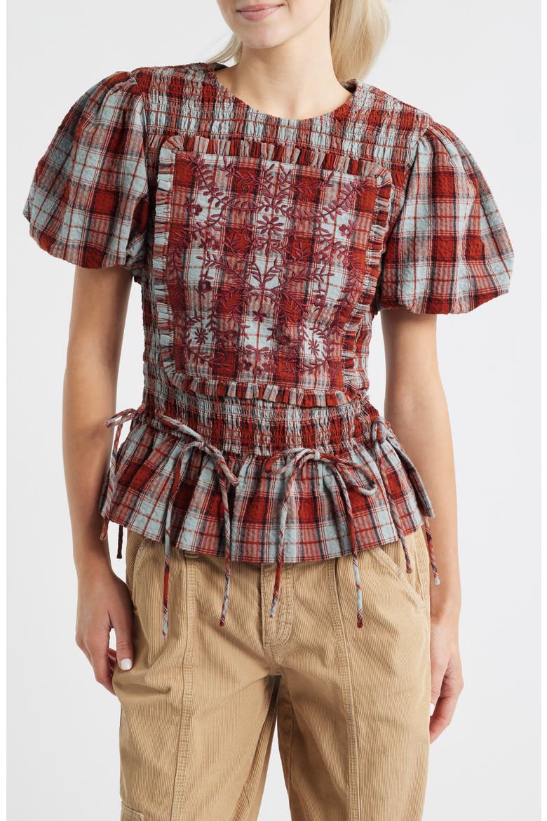 Audrey Plaid Smocked Puff Sleeve Organic Cotton Top, Main, color, RED/ GREY