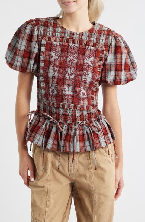 Audrey Plaid Smocked Puff Sleeve Organic Cotton Top