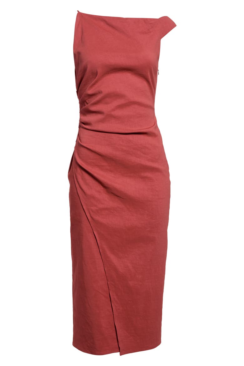 Lyra One-Shoulder Linen Blend Sheath Dress, Main, color, RED CLAY