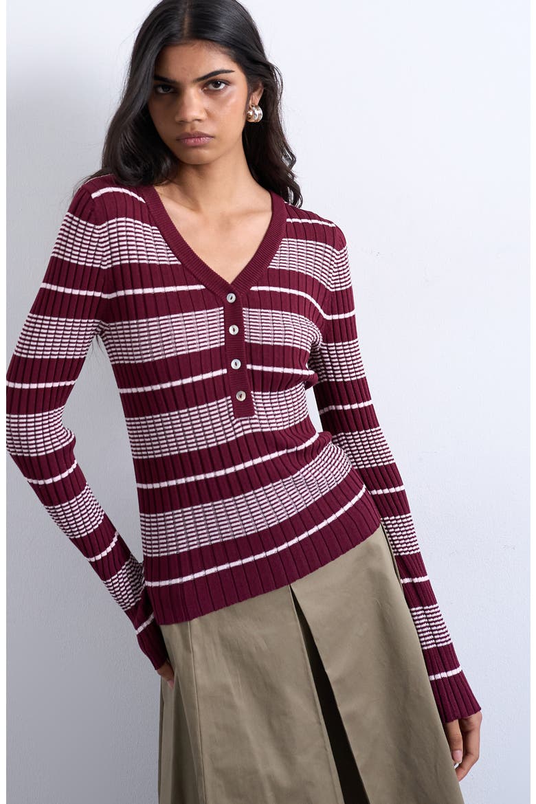 Stripe V-Neck Henley Sweater, Main, color, BURGUNDY