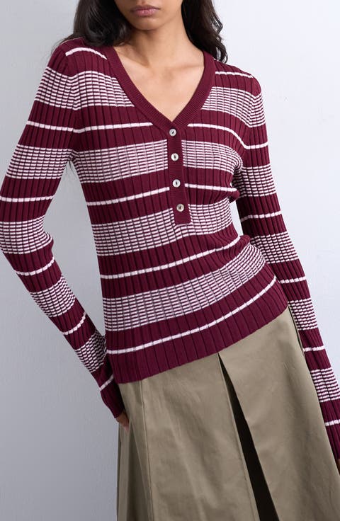 Stripe V-Neck Henley Sweater