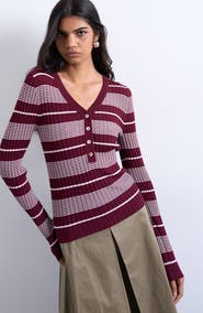 Topshop Stripe V-Neck Henley Sweater