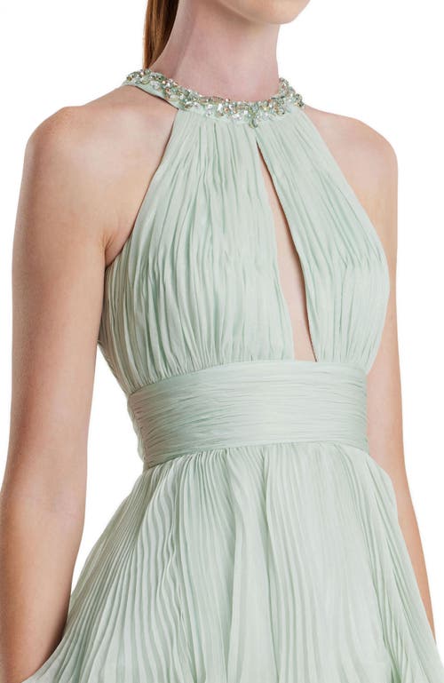 Mac Duggal High Neck Chiffon Tiered Gown With Cut Out In Mint