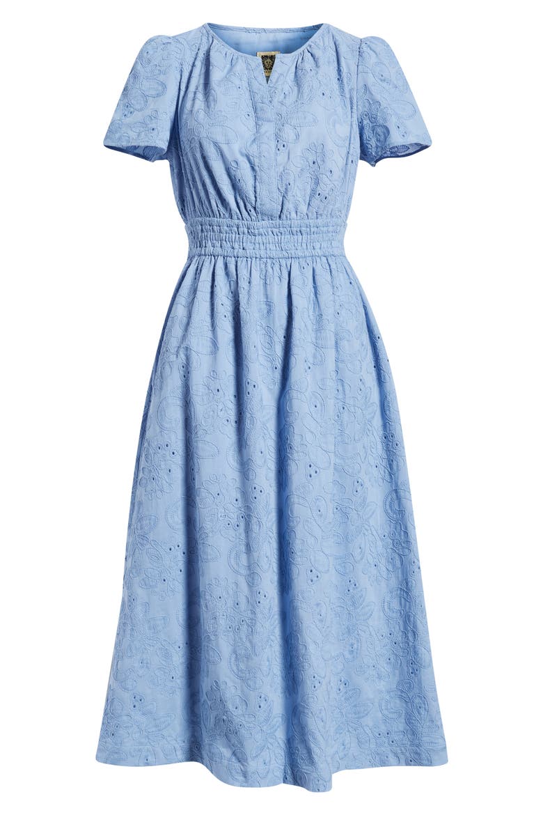 Embroidered Short Sleeve Cotton Midi Dress, Alternate, color, SURF BLUE
