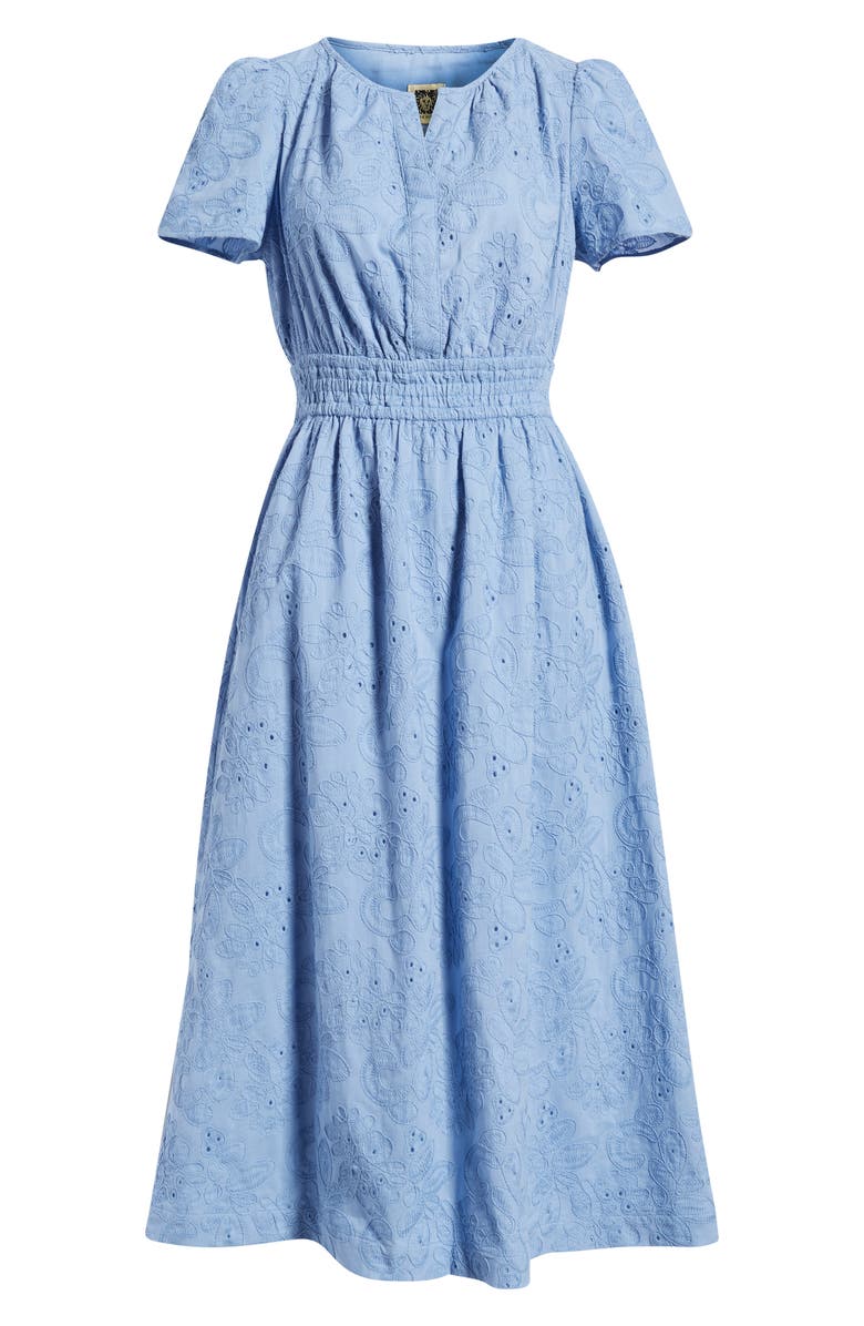 Anne Klein Embroidered Short Sleeve Cotton Midi Dress, Main, color, Surf Blue