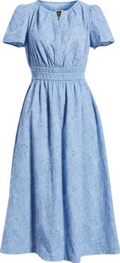 Anne Klein Embroidered Short Sleeve Cotton Midi Dress
