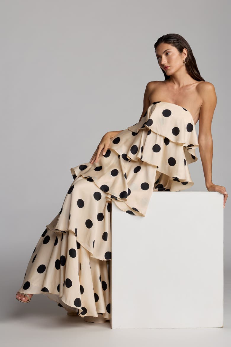 Strapless Polka Dot Charmeuse Ruffle Gown, Alternate, color, Cream Black