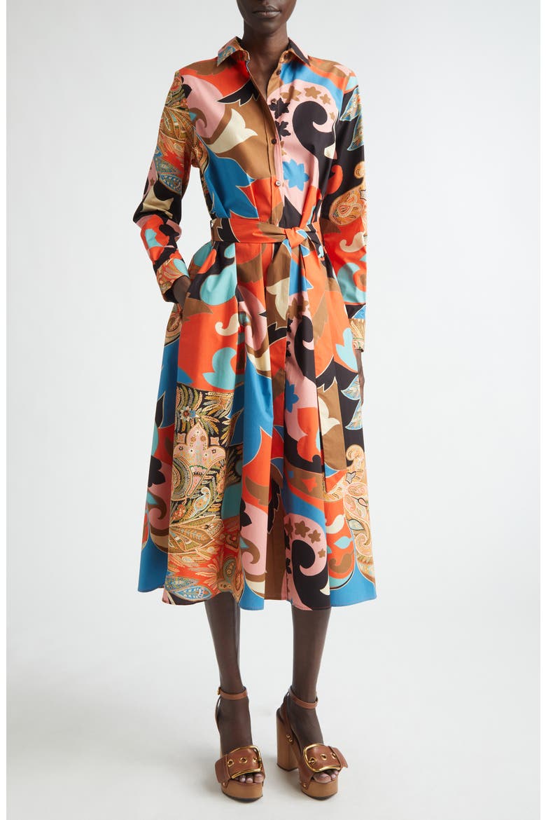 Paisley Lotus Print Long Sleeve Midi Shirtdress, Main, color, RED