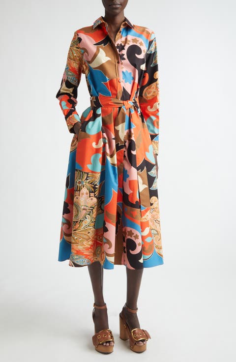 Paisley Lotus Print Long Sleeve Midi Shirtdress