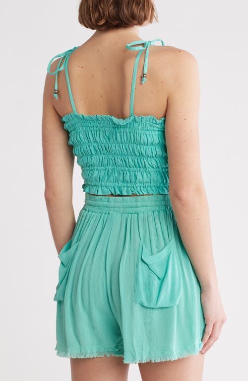 Elan Tie Strap Smocked Crop Top In Aqua