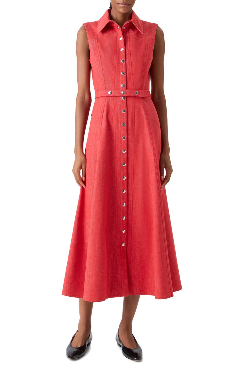 Akris Belted Stretch Denim Shirtdress, Main, color, Vermillion