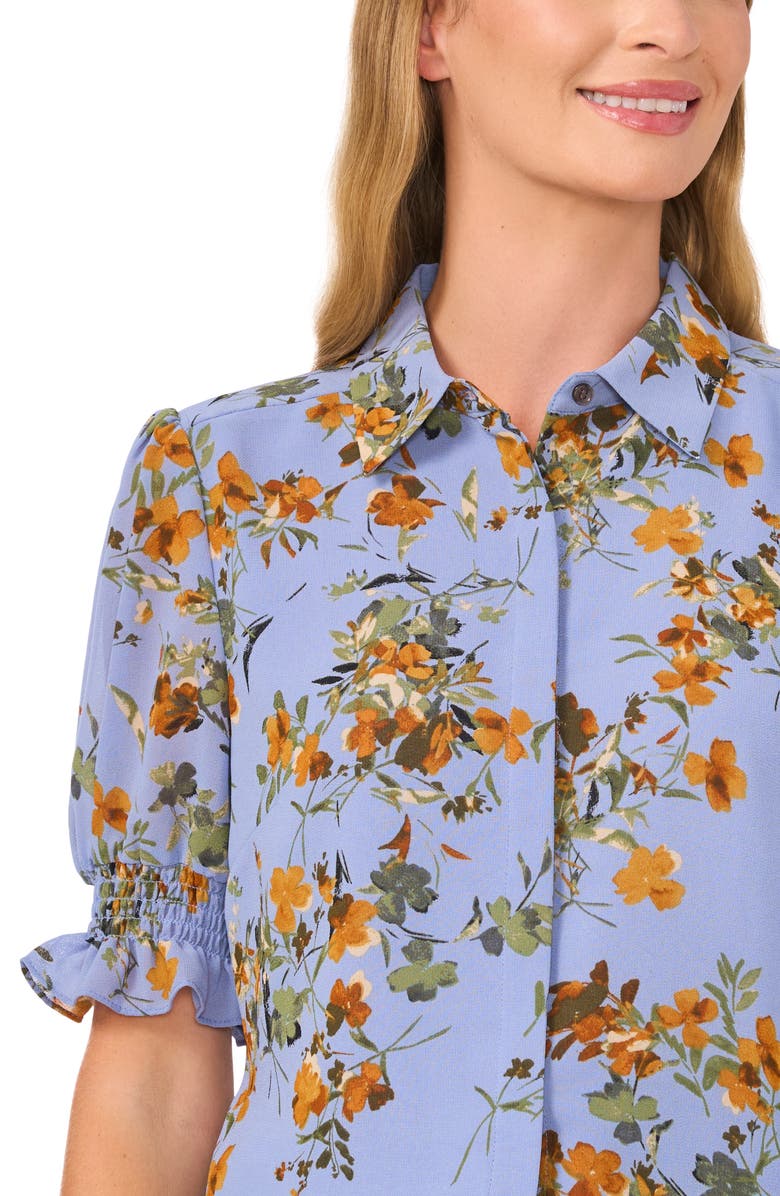CeCe Floral Puff Sleeve Georgette Button-Up Top, Alternate, color, Blue Blossom