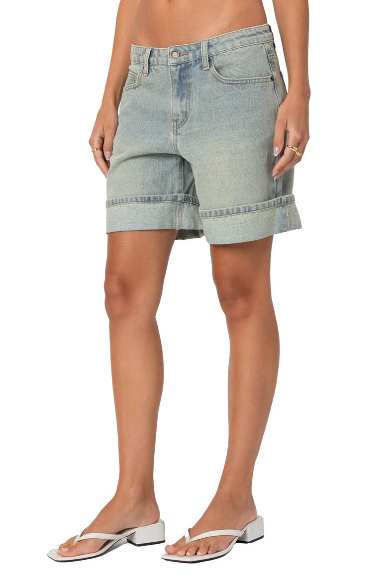 Cuff Washed Denim Bermuda Shorts, Alternate, color, LIGHT-BLUE