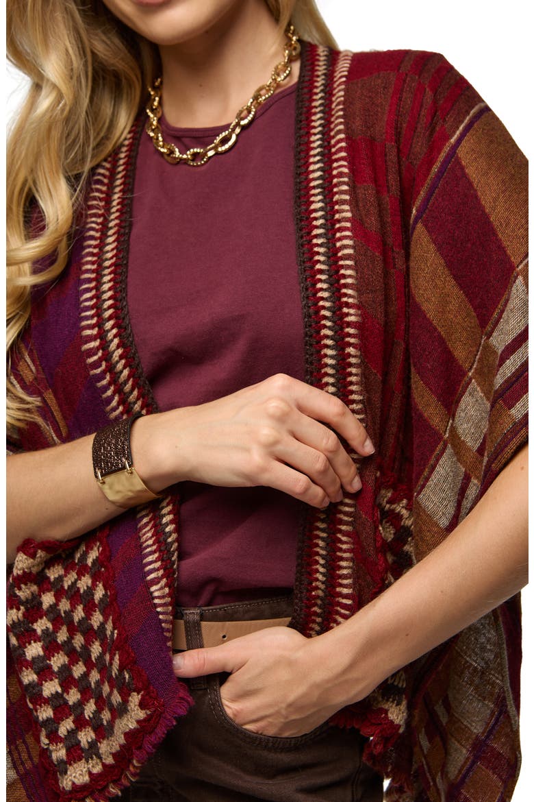 Plaid Topper, Alternate, color, BEIGE/BURGUNDY