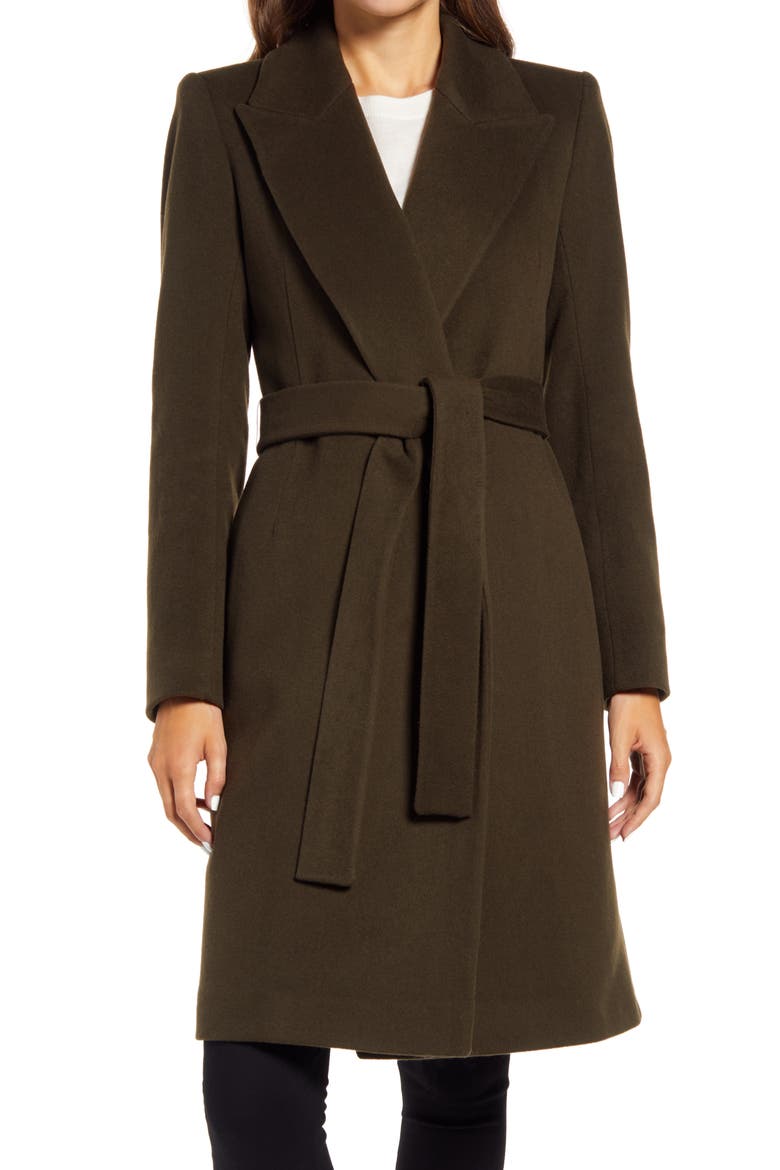 Peak Lapel Wool Wrap Coat, Main, color, MOSS