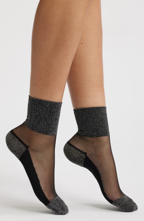 Metallic Sheer Panel Stretch Cotton Blend Quarter Socks