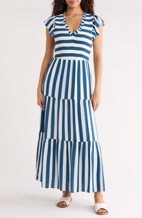 Emerly Stripe Sunfire Smocked Cotton Tiered Maxi Dress