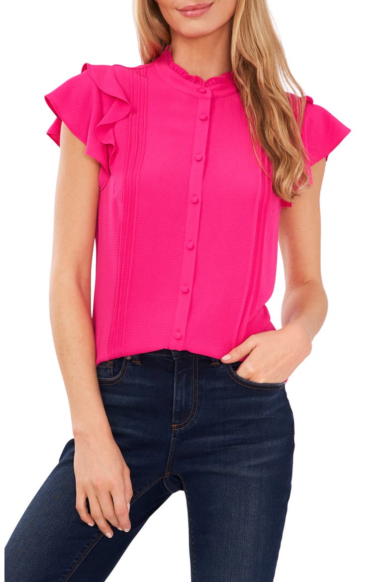 Pintuck Ruffle Short Sleeve Blouse, Main, color, BRIGHT ROSE