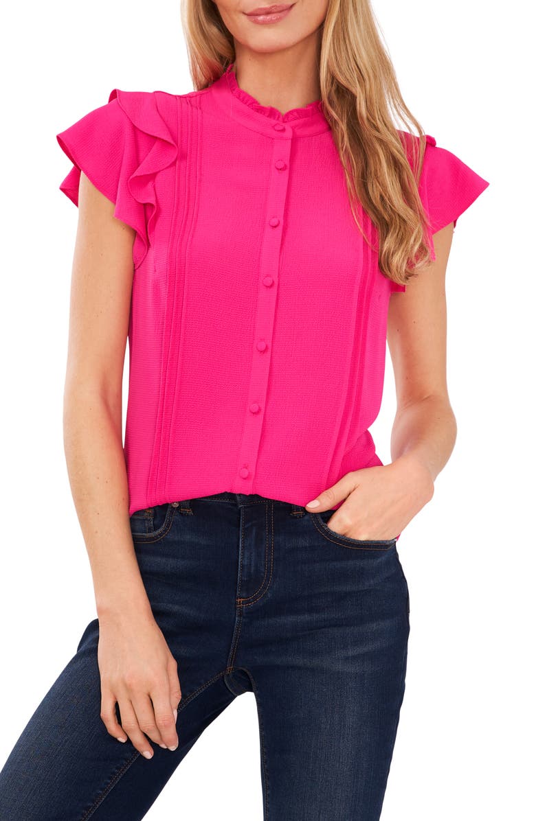 CeCe Pintuck Ruffle Short Sleeve Blouse, Main, color, Bright Rose