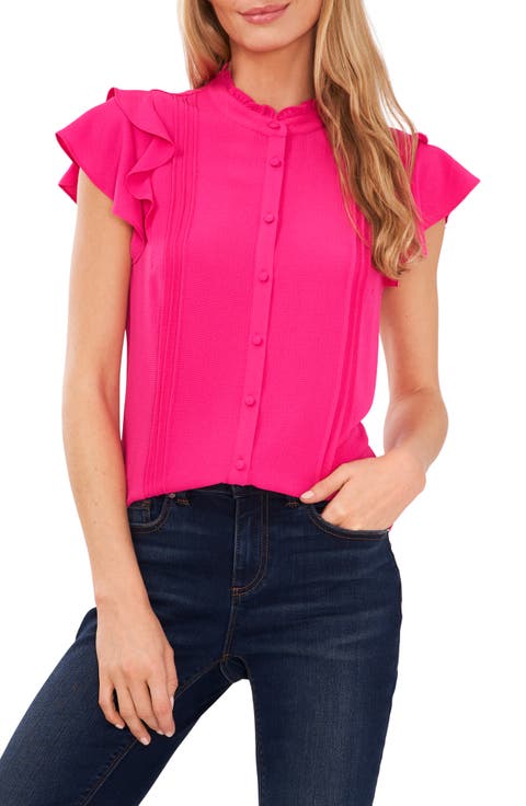 Pintuck Ruffle Short Sleeve Blouse