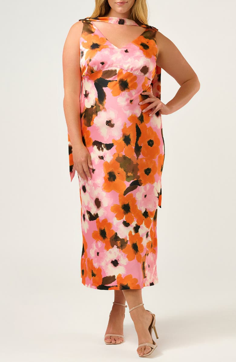 Estelle Freya Floral Print Satin Dress, Main, color, Peony/ Mandarin