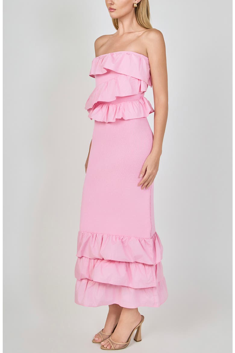 Ruffle Detail Mixed Media Strapless Dress, Alternate, color, BABY PINK