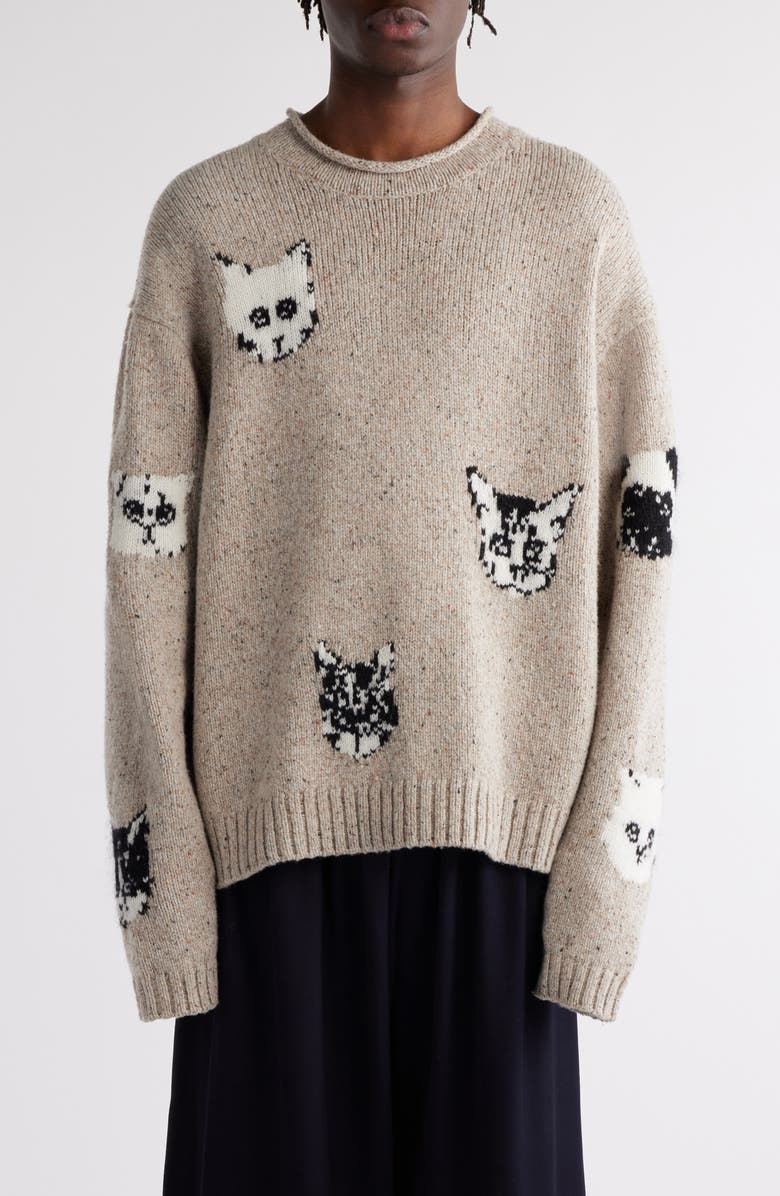 Acne Studios Jacquard Cats Oversize Donegal Sweater, Main, color,