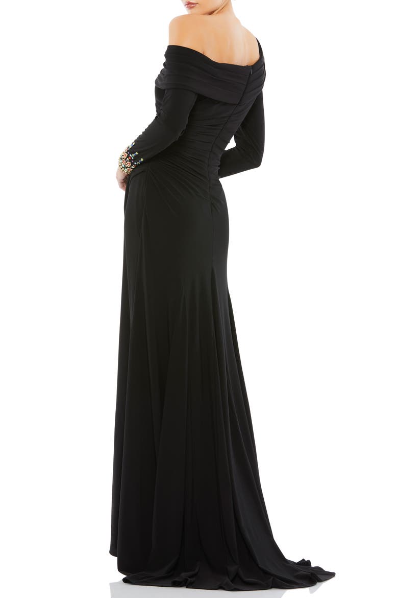 One-Shoulder Long Sleeve Jersey Gown, Alternate, color, BLACK