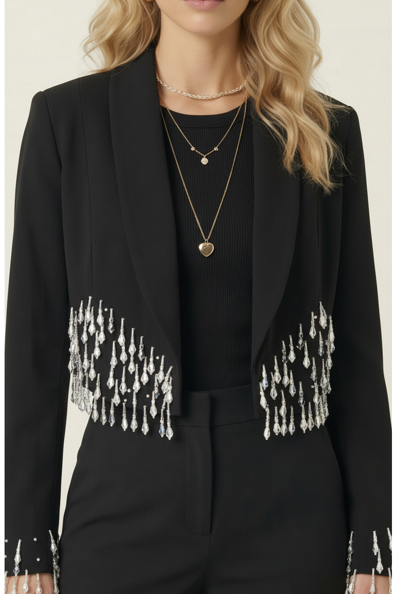 Beaded Cropped Blazer with Shawl Collar, Main, color, Black