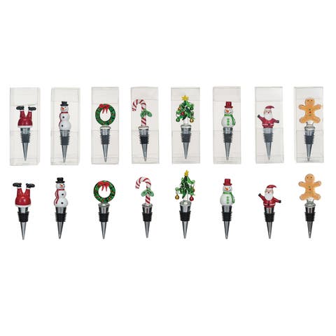 Zinc Alloy Wine Stopper with Hand-Painted Glass Holiday Icon, Multicolor, Set of 8