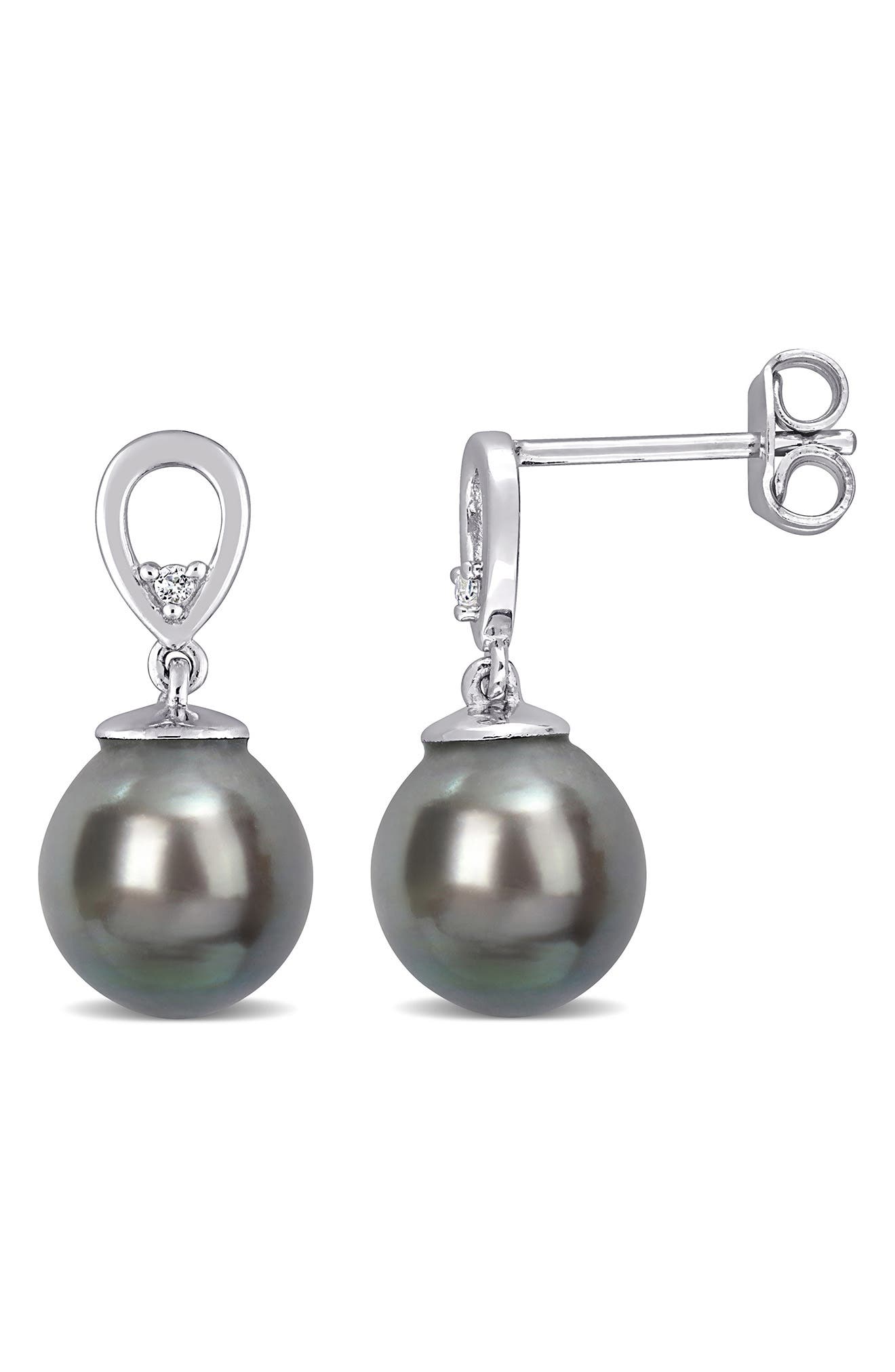 DELMAR Sterling Silver White Topaz 8-9mm Black Tahitian Cultured Pearl Drop Earrings
