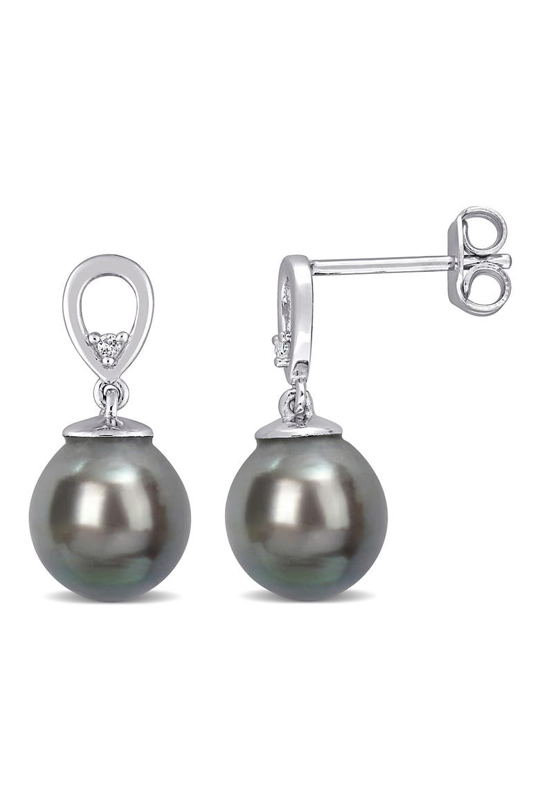 Sterling Silver White Topaz 8-9mm Black Tahitian Cultured Pearl Drop Earrings, Main, color, BLACK