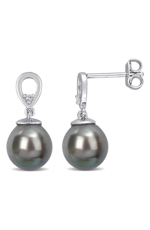 Sterling Silver White Topaz 8-9mm Black Tahitian Cultured Pearl Drop Earrings