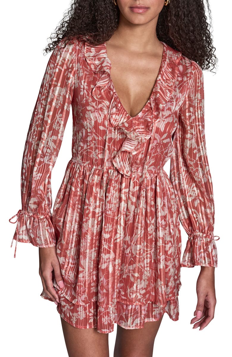 BCBG Floral Chiffon Long Sleeve Minidress, Alternate, color, Citrus Sunrise