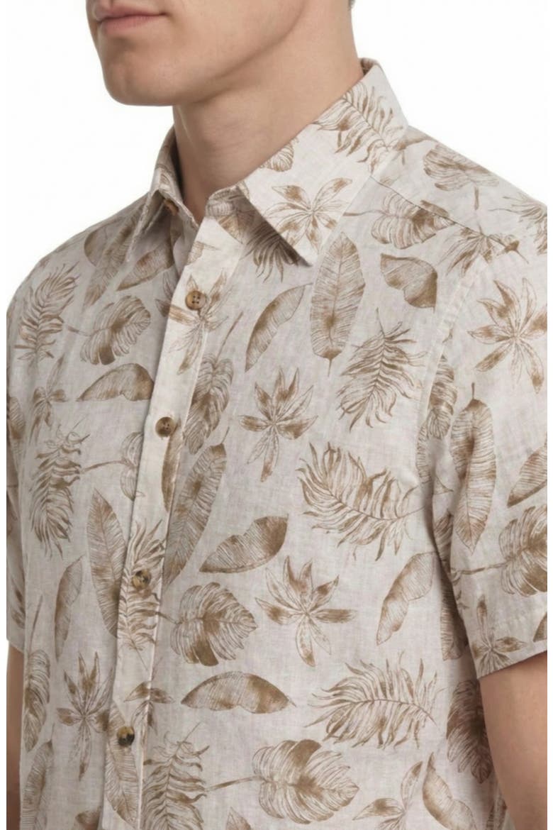Tropical Print Short Sleeve Linen & Cotton Button-Up Shirt, Alternate, color, BEIGE