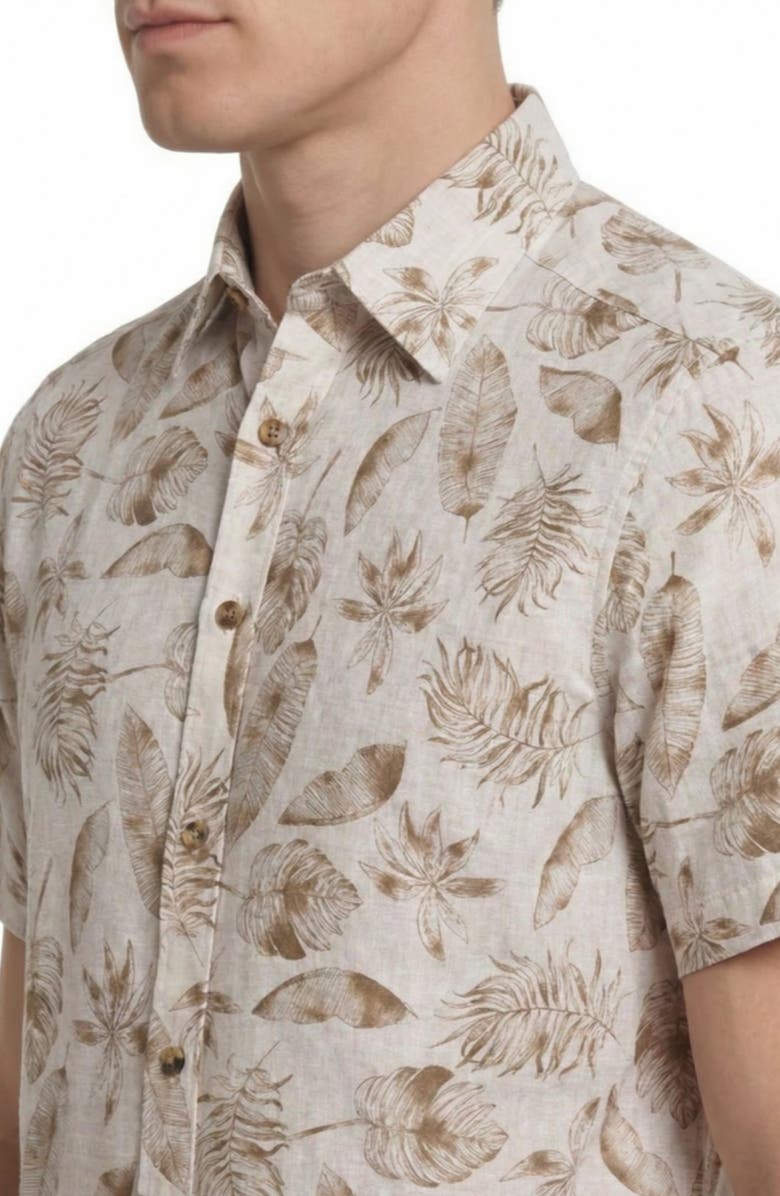 Report Collection Tropical Print Short Sleeve Linen & Cotton Button-Up Shirt, Alternate, color, Beige