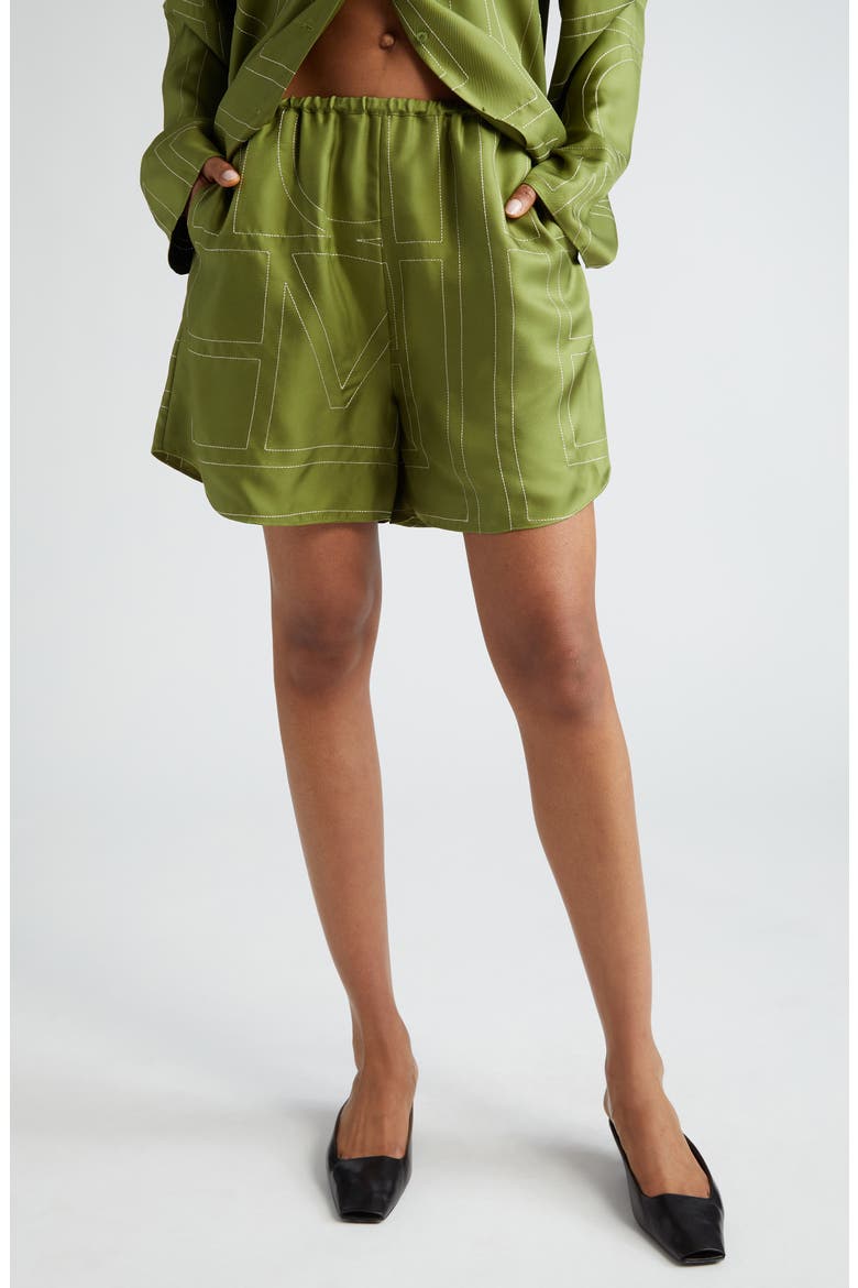 Monogram Embroidered Silk Shorts, Main, color, LAUREL