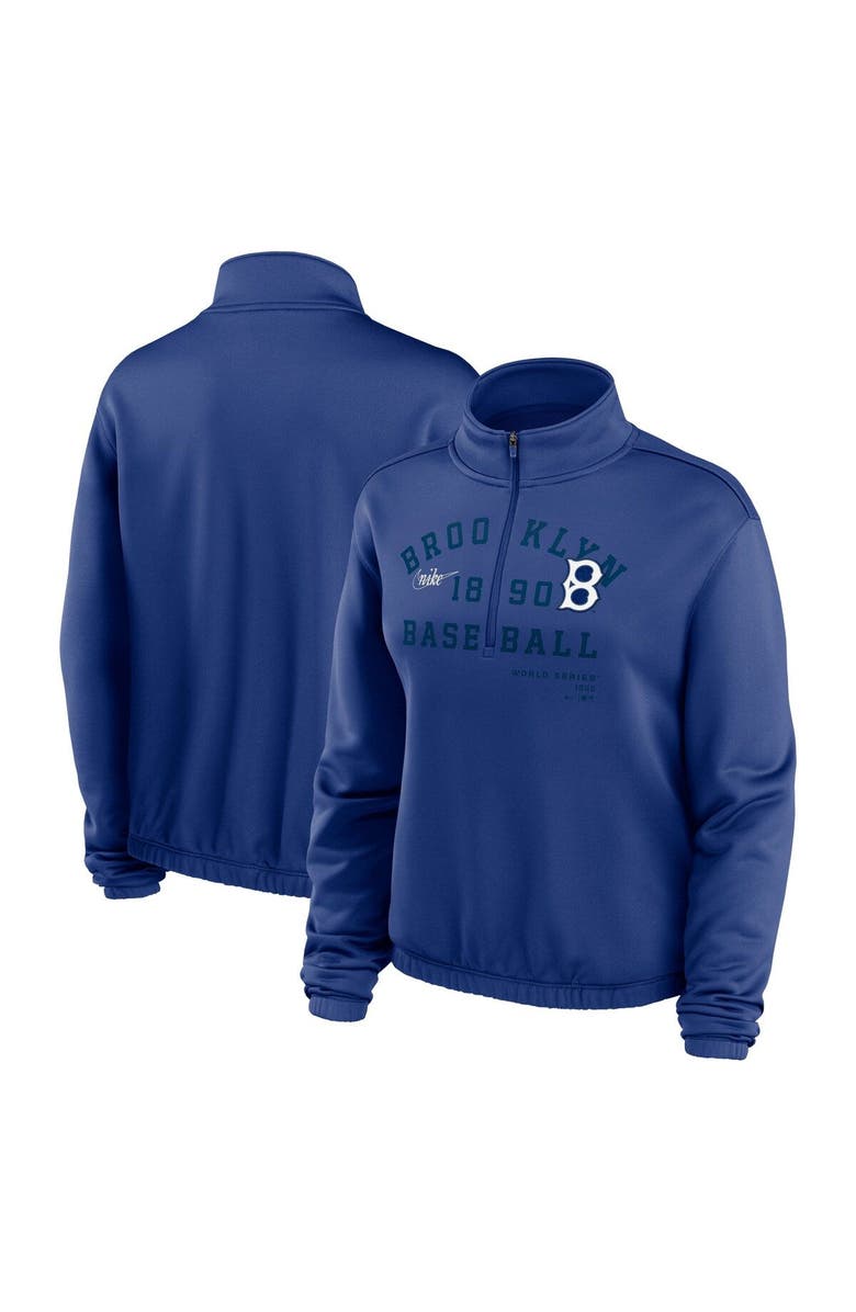 Nike Women's Nike Royal Brooklyn Dodgers Rewind Splice Half-Zip Semi-Cropped Bubble Hem Sweatshirt, Main, color, 