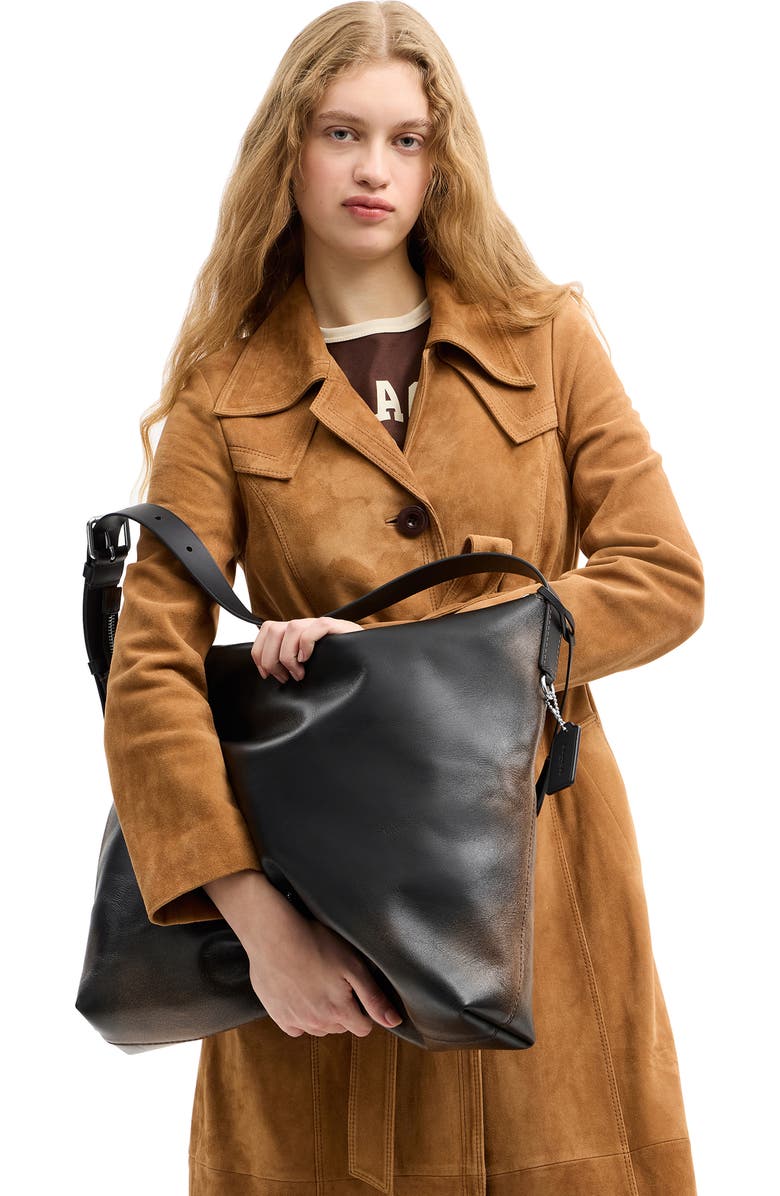 COACH Mott Loved Leather Messenger Bag, Alternate, color, Black/ Light Tan