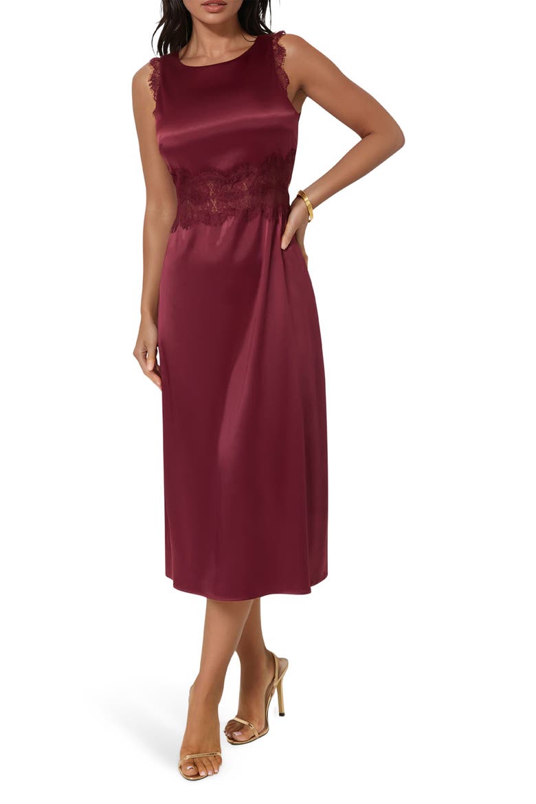 Lace Trim Satin Cocktail Dress, Main, color, WINE