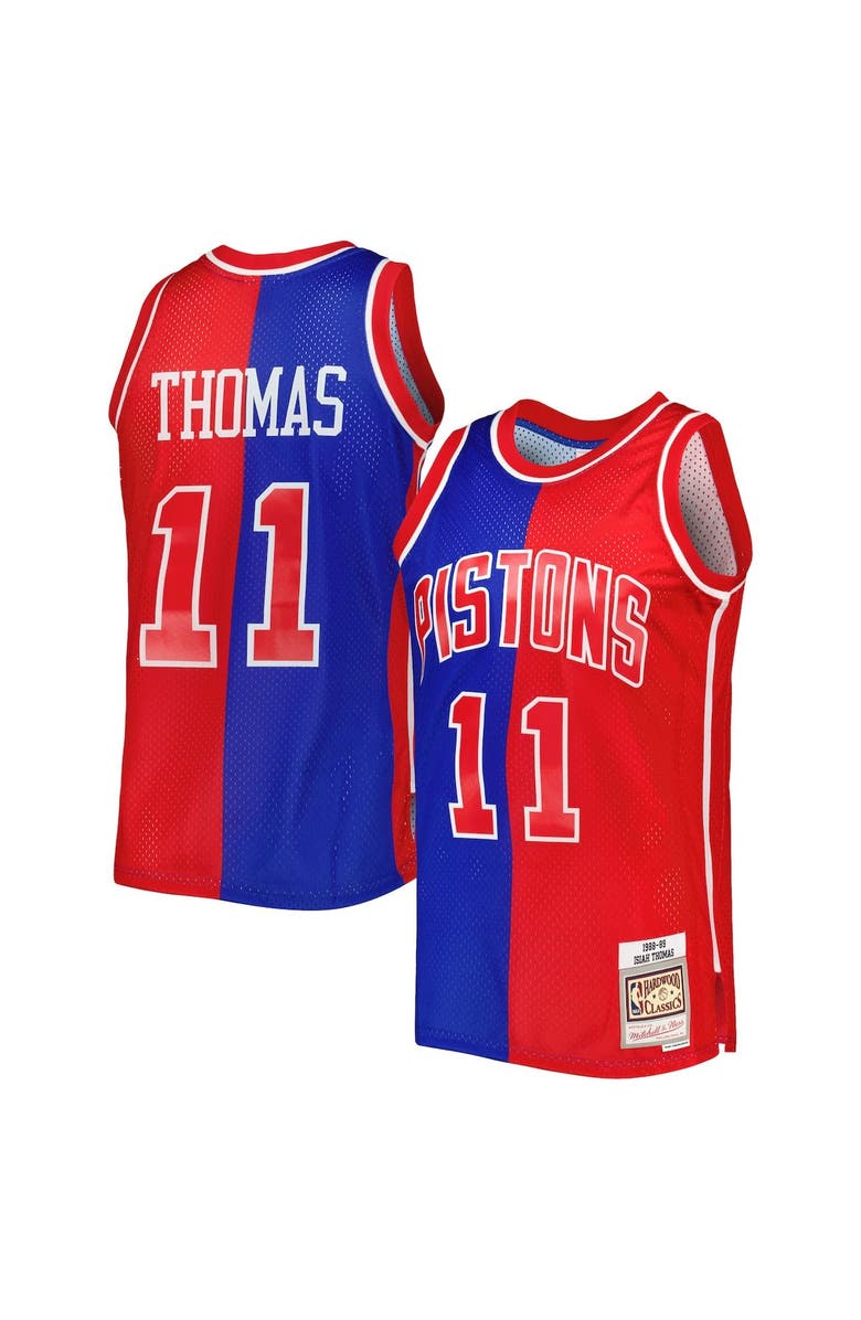 Mitchell & Ness Men's Mitchell & Ness Isiah Thomas Blue/Red Detroit Pistons Hardwood Classics 1988/89 Split Swingman Jersey, Alternate, color,