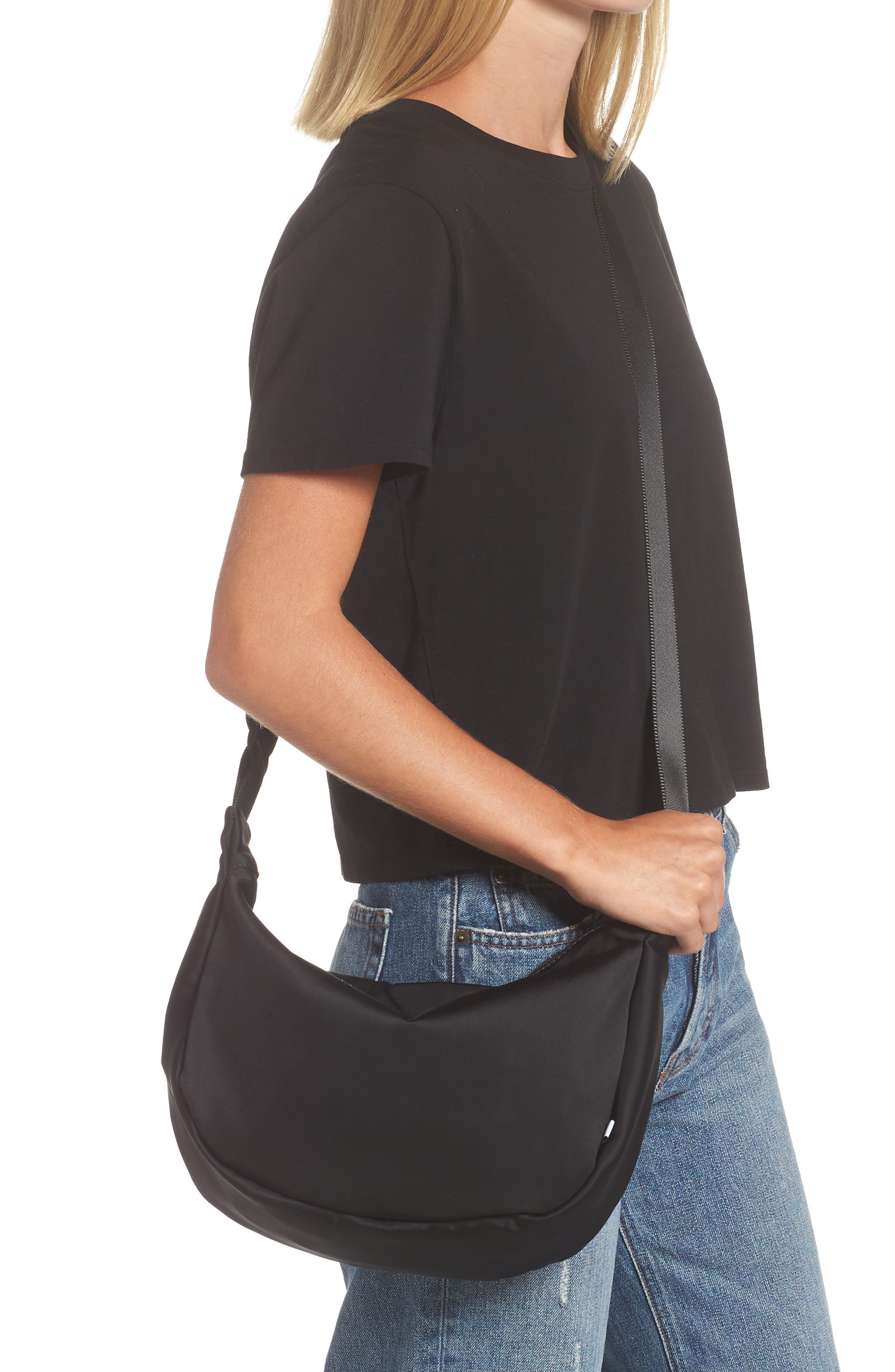 Half Moon Nylon Crossbody Bag, Alternate, color, BLACK