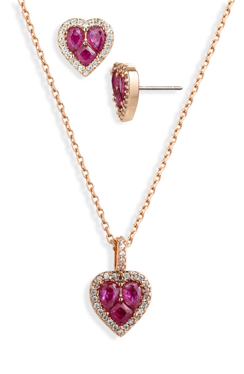 Kate Spade New York spell it out cubic zirconia heart pendant necklace & stud earrings set, Alternate, color, Pink.