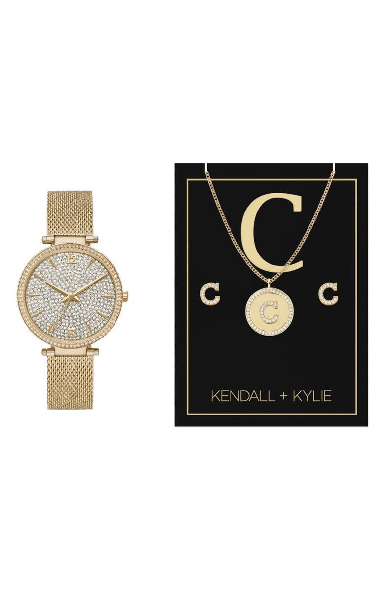 KENDALL + KYLIE Crystal Mesh Strap Watch & Necklace Gift Set, 38mm, Main, color, 