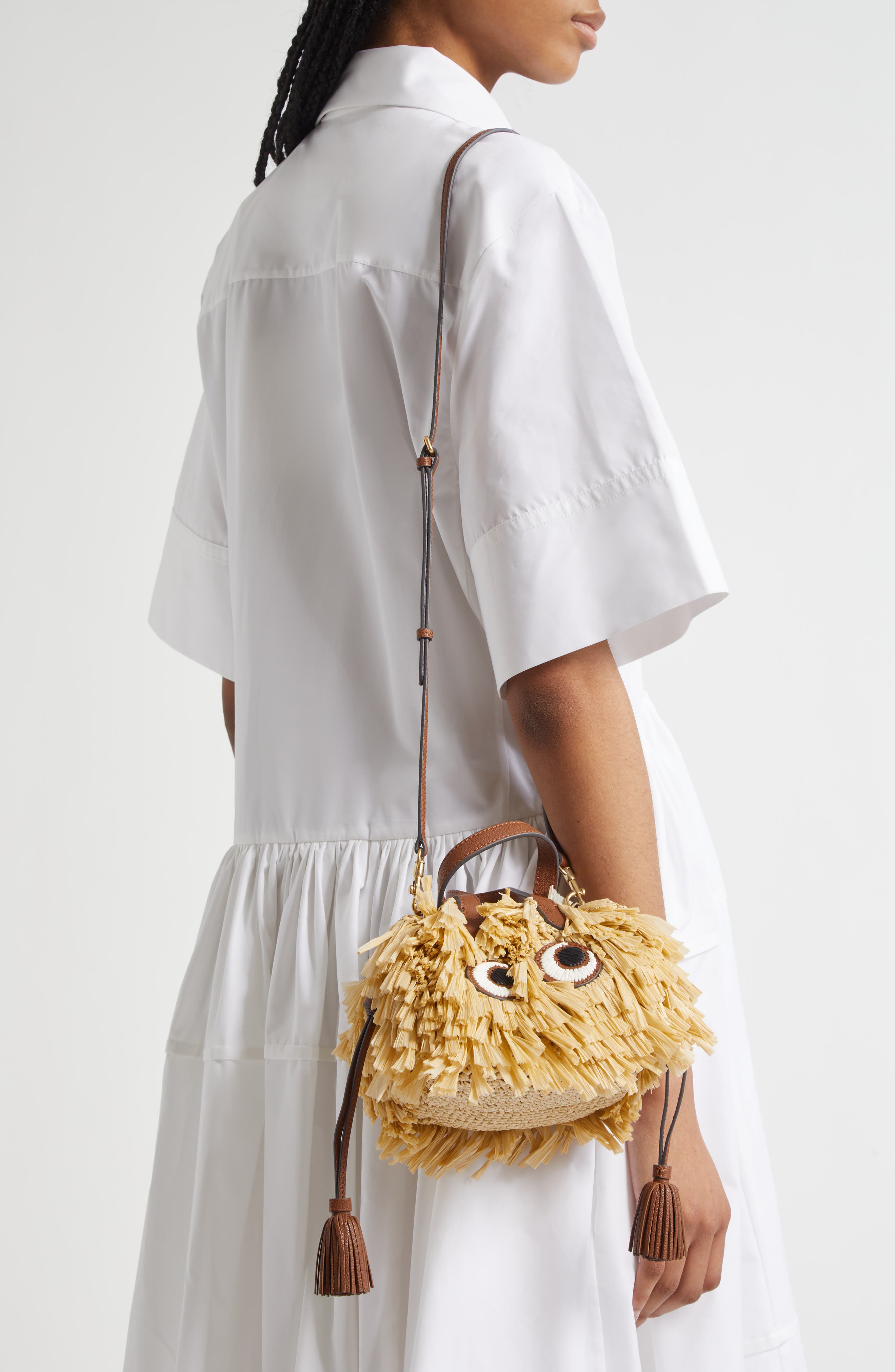 Anya Hindmarch Small Eyes Raffia Drawstring Bucket Bag, Alternate, color, 